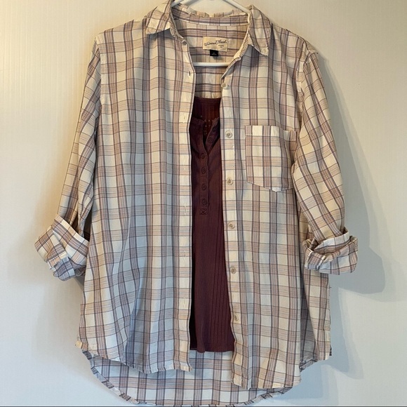 Oversized XS Plaid Button Shirt + Tank S Set Cream Plum Lightweight Layered Look - Picture 1 of 10